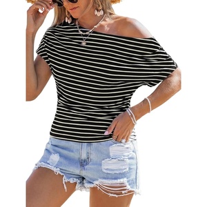 CUPSHE Women’s Striped Off Shoulder Top – Y2K Summer Casual Ruched Tee | soft fabric, ruched side detail, perfect for beach parties, vacation wear, lightweight summer tops(Black)