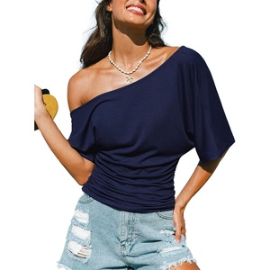 CUPSHE Women’s Striped Off Shoulder Top – Y2K Summer Casual Ruched Tee | soft fabric, ruched side detail, perfect for beach parties, vacation wear, lightweight summer tops(Navy-solid)
