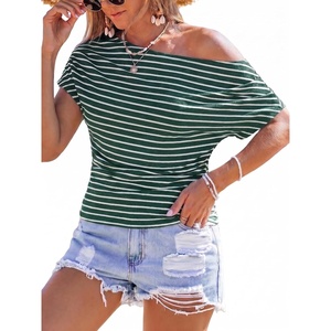 CUPSHE Women’s Striped Off Shoulder Top – Y2K Summer Casual Ruched Tee | soft fabric, ruched side detail, perfect for beach parties, vacation wear, lightweight summer tops(Green)