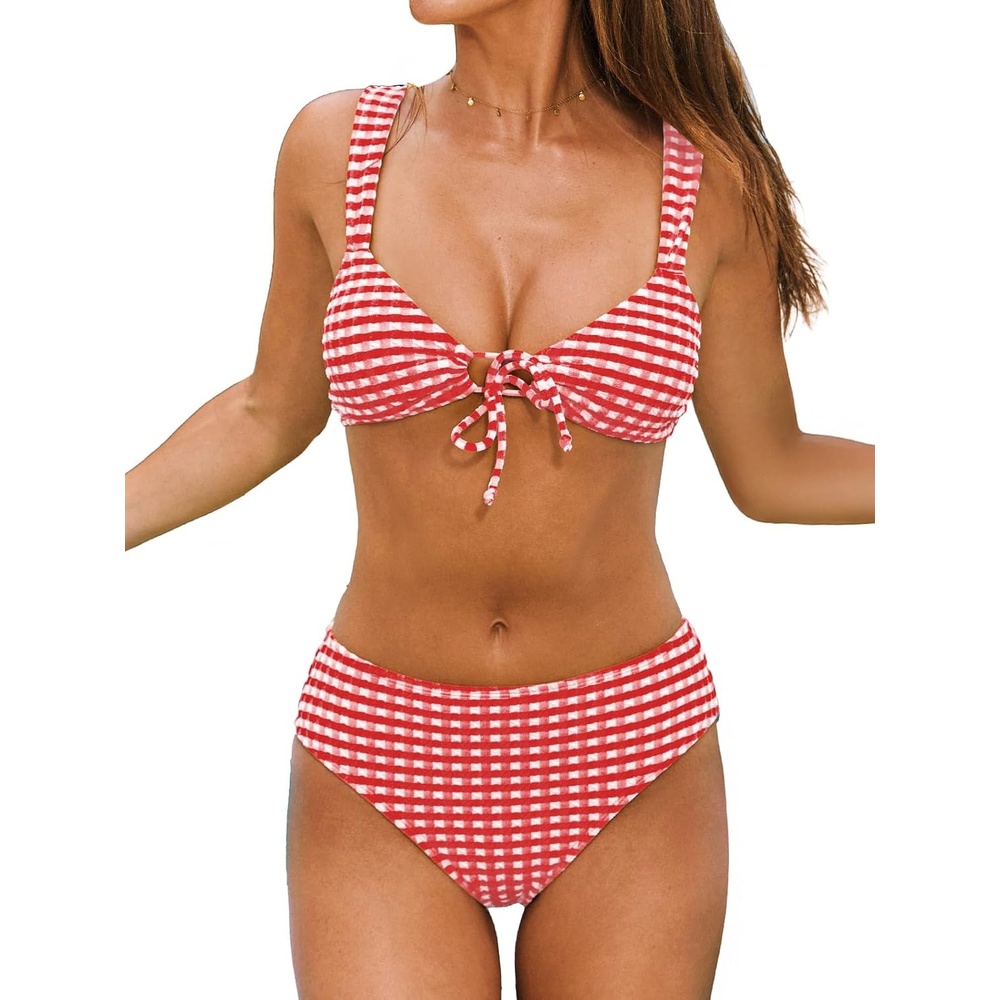 image:imageCUPSHE Womens Bikini Set V Neck Front O Ring Drawstring Two Piece Swimsuit  Bathing Suit Removable Soft Cups Back Hook Full Coverage Mid Rise Beach VacationRedGingham