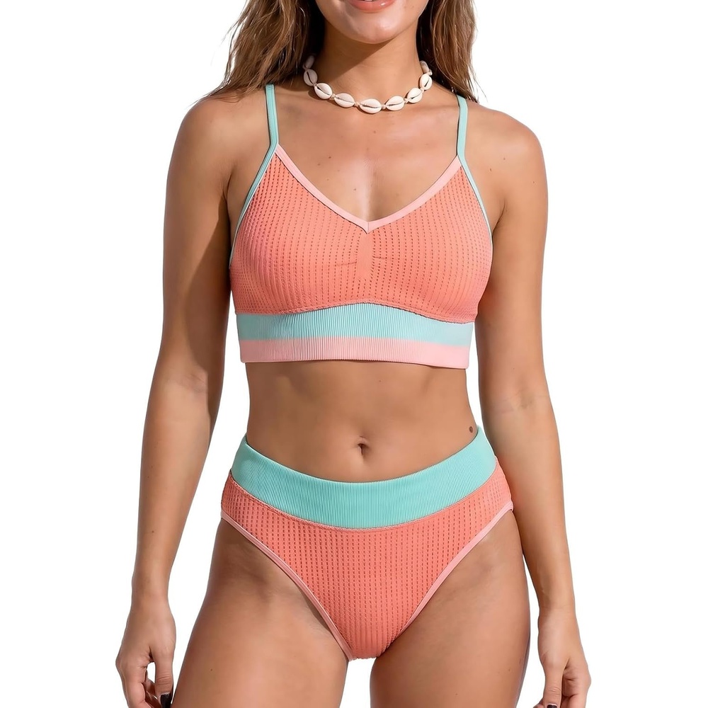 image:imageCUPSHE Womens Bikini Sets V Neck High Waisted Bathing Suit Seamless  Ribbed Textured Color Block Trim Removable Soft Cups Adjustable Straps Sporty Swimsuit Modest Coverage For BeachCoralCyanPink