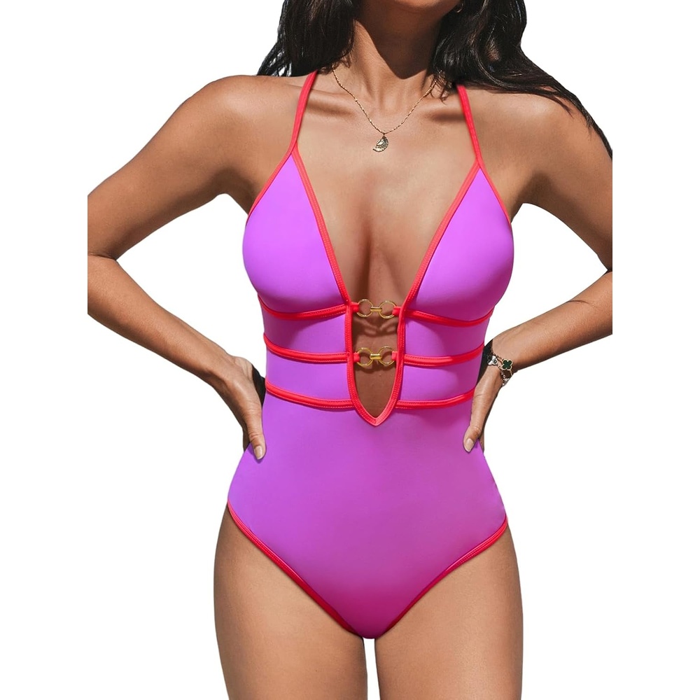 image:imageCUPSHE Womens One Piece Swimsuit Halter Plunging Neck Cutout Bathing Suit  Flattering Removable Soft Cups Adjustable Straps O Ring Cutout Back Pool Beach VacationVivid FuchsiaNeon Coral