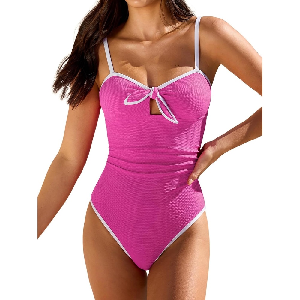 image:imageCUPSHE Womens One Piece Swimsuit Sweetheart Neck Bunny Knot Bathing Suit  Adjustable Straps Back Hook Ruched Deatil Textured Fabric Cute For BeachFuchsia Pink