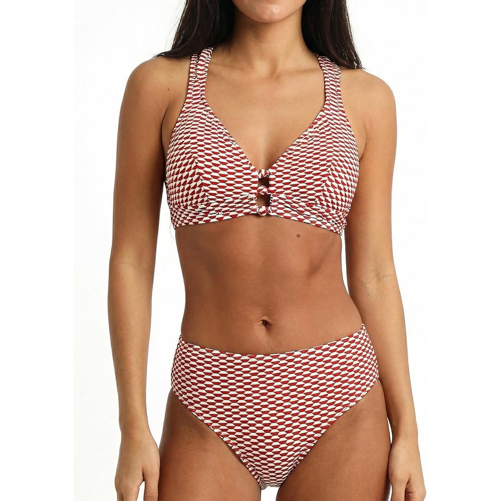 image:imageCUPSHE Womens V Neck Bikini Sets Textured Crossback Two Piece Swimsuit  CutoutBack Self TieSoft Removable CupsMid RiseFlattering Bathing Suit For Vacation And BeachRedWhite