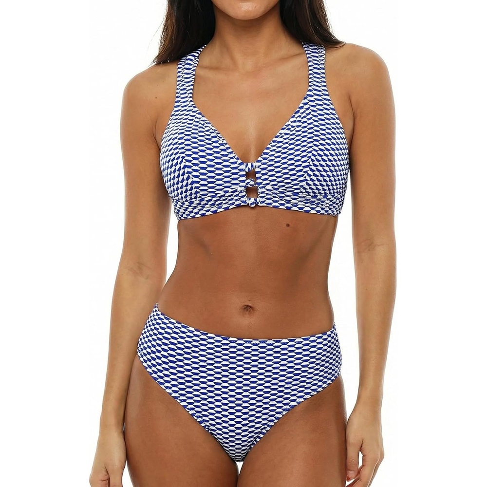 image:imageCUPSHE Womens V Neck Bikini Sets Textured Crossback Two Piece Swimsuit  CutoutBack Self TieSoft Removable CupsMid RiseFlattering Bathing Suit For Vacation And BeachBlueWhite