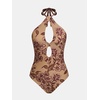 CUPSHE High Neck One Piece Swimsuit for Women Cutout Halter Swimwear | Removable Soft Cups, Back Hook, Classic Bum Coverage, Sexy Bathing Suit For Beach Vacation Pool Party Resort Getaways(Camel/Floral)