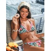 CUPSHE Triangle Bikini Set for Women Halter V Neck Two Piece Swim Suit | Backless, String Side Tie, Color Block, Moderate Coverage, Mid Rise, Sexy, Sweet, Cute, Beach Vacation, Resort, Cruise(Cyan/Pink Floral)
