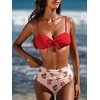 CUPSHE Two Piece Swimsuit Women High Waist Bikini Set Bathing Suit | Removable Soft Cups,V neck,Back self tie,Color block,Adjustable Straps,Back Hook,Ruched(Red/White/Floral)
