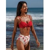 CUPSHE Two Piece Swimsuit Women High Waist Bikini Set Bathing Suit | Removable Soft Cups,V neck,Back self tie,Color block,Adjustable Straps,Back Hook,Ruched(Red/White/Floral)