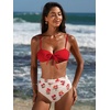 CUPSHE Two Piece Swimsuit Women High Waist Bikini Set Bathing Suit | Removable Soft Cups,V neck,Back self tie,Color block,Adjustable Straps,Back Hook,Ruched(Red/White/Floral)