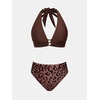 CUPSHE Two Piece Swimsuit Women V Neck Halter Bikini Set Bathing Suit | Removable Soft Cups,High Waist,Low Neck,Back Self Tie,Ruched,Beaded Decorations(Brown/Leopard)