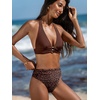 CUPSHE Two Piece Swimsuit Women V Neck Halter Bikini Set Bathing Suit | Removable Soft Cups,High Waist,Low Neck,Back Self Tie,Ruched,Beaded Decorations(Brown/Leopard)