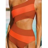 CUPSHE Women One Piece Swimsuit One Shoulder Bathing Suit Cutout Monokini | Removable Soft Cups, Color Block, Classic Bum Coverage, Swim Suit For Beach Vacation Cruise Pool Party(Orange Red Color Block)