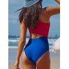 CUPSHE Women One Piece Swimsuit One Shoulder Bathing Suit Cutout Monokini | Removable Soft Cups, Color Block, Classic Bum Coverage, Swim Suit For Beach Vacation Cruise Pool Party(Red/Blue)