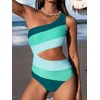 CUPSHE Women One Piece Swimsuit One Shoulder Bathing Suit Cutout Monokini | Removable Soft Cups, Color Block, Classic Bum Coverage, Swim Suit For Beach Vacation Cruise Pool Party(Green Color Block)