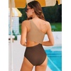 CUPSHE Women One Piece Swimsuit One Shoulder Bathing Suit Cutout Monokini | Removable Soft Cups, Color Block, Classic Bum Coverage, Swim Suit For Beach Vacation Cruise Pool Party(Brown Color Block)