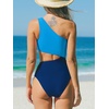 CUPSHE Women One Piece Swimsuit One Shoulder Bathing Suit Cutout Monokini | Removable Soft Cups, Color Block, Classic Bum Coverage, Swim Suit For Beach Vacation Cruise Pool Party(Blue Color Block)