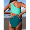 CUPSHE Women One Piece Swimsuit One Shoulder Bathing Suit Cutout Monokini | Removable Soft Cups, Color Block, Classic Bum Coverage, Swim Suit For Beach Vacation Cruise Pool Party(Green Color Block)