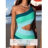 CUPSHE Women One Piece Swimsuit One Shoulder Bathing Suit Cutout Monokini | Removable Soft Cups, Color Block, Classic Bum Coverage, Swim Suit For Beach Vacation Cruise Pool Party(Green Color Block)