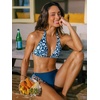 CUPSHE Women Two Piece Swimsuit Halter V Neck Bikini Set Bathing Suit | Removable soft cup,Self Tie,Triangle top,Adjustable strap,Lace up,Beach swimwear(Blue/Floral)