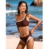 CUPSHE Women’s Bikini Set One Shoulder Color Block Two Piece Swimsuit | Bathing Suit, Swim Suit, Color Block, Removable Soft Cups, Asymmetrical, Adjustable Strap, Moderate Coverage, Beach Vacation(Coffee Brown/Beige)