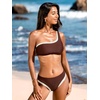 CUPSHE Women’s Bikini Set One Shoulder Color Block Two Piece Swimsuit | Bathing Suit, Swim Suit, Color Block, Removable Soft Cups, Asymmetrical, Adjustable Strap, Moderate Coverage, Beach Vacation(Coffee Brown/Beige)