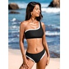 CUPSHE Women’s Bikini Set One Shoulder Color Block Two Piece Swimsuit | Bathing Suit, Swim Suit, Color Block, Removable Soft Cups, Asymmetrical, Adjustable Strap, Moderate Coverage, Beach Vacation(Black/Beige)