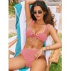 CUPSHE Women’s Bikini Set V Neck Front O Ring Drawstring Two Piece Swimsuit | Bathing Suit, Removable Soft Cups, Back Hook, Full Coverage, Mid Rise, Beach Vacation(Red/Gingham)