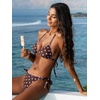 CUPSHE Women’s Bikini Set V Neck Two Piece Halter Self Tie Swimsuit | Stitching,Soft Removable Cups,Low Rise,Flattering Bathing Suit For Vacation And Beach(Brown/Pink)