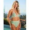CUPSHE Women’s Bikini Sets Two Piece Swimsuit Underwire High Waisted V Neck Textured Halter Bathing Suit Color Block(Green/Beige)