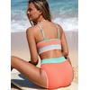CUPSHE Women’s Bikini Sets V Neck High Waisted Bathing Suit Seamless | Ribbed Textured, Color Block Trim, Removable Soft Cups, Adjustable Straps, Sporty Swimsuit, Modest Coverage, For Beach(Coral/Cyan/Pink)