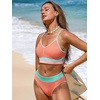 CUPSHE Women’s Bikini Sets V Neck High Waisted Bathing Suit Seamless | Ribbed Textured, Color Block Trim, Removable Soft Cups, Adjustable Straps, Sporty Swimsuit, Modest Coverage, For Beach(Coral/Cyan/Pink)