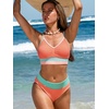 CUPSHE Women’s Bikini Sets V Neck High Waisted Bathing Suit Seamless | Ribbed Textured, Color Block Trim, Removable Soft Cups, Adjustable Straps, Sporty Swimsuit, Modest Coverage, For Beach(Coral/Cyan/Pink)