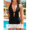 CUPSHE Women’s Deep V Neck Cutout One Piece Swimsuit | Halter,Self Tie,Scalloped,Soft Removable Cups,Flattering Bathing Suit For Vacation And Beach(Black)