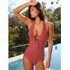 CUPSHE Women’s Deep V Neck Cutout One Piece Swimsuit | Halter,Self Tie,Scalloped,Soft Removable Cups,Flattering Bathing Suit For Vacation And Beach(Brick Red)