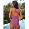 CUPSHE Women’s Deep V Neck Cutout One Piece Swimsuit | Halter,Self Tie,Scalloped,Soft Removable Cups,Flattering Bathing Suit For Vacation And Beach(Grey Purple)