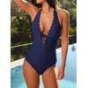 CUPSHE Women’s Deep V Neck Cutout One Piece Swimsuit | Halter,Self Tie,Scalloped,Soft Removable Cups,Flattering Bathing Suit For Vacation And Beach(Navy Blue)