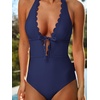 CUPSHE Women’s Deep V Neck Cutout One Piece Swimsuit | Halter,Self Tie,Scalloped,Soft Removable Cups,Flattering Bathing Suit For Vacation And Beach(Navy Blue)