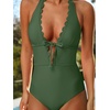 CUPSHE Women’s Deep V Neck Cutout One Piece Swimsuit | Halter,Self Tie,Scalloped,Soft Removable Cups,Flattering Bathing Suit For Vacation And Beach(Olive Green)