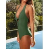 CUPSHE Women’s Deep V Neck Cutout One Piece Swimsuit | Halter,Self Tie,Scalloped,Soft Removable Cups,Flattering Bathing Suit For Vacation And Beach(Olive Green)