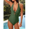CUPSHE Women’s Deep V Neck Cutout One Piece Swimsuit | Halter,Self Tie,Scalloped,Soft Removable Cups,Flattering Bathing Suit For Vacation And Beach(Olive Green)