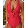 CUPSHE Women’s Deep V Neck Cutout One Piece Swimsuit | Halter,Self Tie,Scalloped,Soft Removable Cups,Flattering Bathing Suit For Vacation And Beach(Ruby Red)
