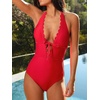CUPSHE Women’s Deep V Neck Cutout One Piece Swimsuit | Halter,Self Tie,Scalloped,Soft Removable Cups,Flattering Bathing Suit For Vacation And Beach(Ruby Red)