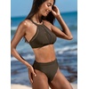 CUPSHE Women’s High Waisted Bikini Set High Neck Two Piece Swimsuit Mesh | Bathing Suit, Removable Soft Cups, Adjustable Straps, Back Hook, Moderate Coverage, Sexy, Beach Vacation, Resort Ready(Brown)