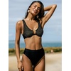 CUPSHE Women’s High Waisted Bikini Set Push Up Two Piece Swimsuit Underwire | V Neck, Cutout, Back Hook, Adjustable Straps, Textured Jacquard Fabric, Modest Coverage, Beach Vacation, Resort, Cruise(Black)