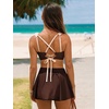 CUPSHE Women’s High Waisted Bikini Set Swim Skirt Modest Swimsuit | Built In Briefs, Removable Soft Cups, Crossback Tie, Color Block, Modest Bathing Suit For Family Beach Vacation(Brown/Beige)