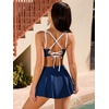 CUPSHE Women’s High Waisted Bikini Set Swim Skirt Modest Swimsuit | Built In Briefs, Removable Soft Cups, Crossback Tie, Color Block, Modest Bathing Suit For Family Beach Vacation(Navy/White)