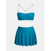 CUPSHE Women’s High Waisted Bikini Set Swim Skirt Modest Swimsuit | Built In Briefs, Removable Soft Cups, Crossback Tie, Color Block, Modest Bathing Suit For Family Beach Vacation(Teal/White)