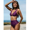 CUPSHE Women’s High Waisted Bikini Set Tummy Control Two Piece Swimsuit | V Neck, Removable Soft Cups, Adjustable Straps, Back Hook, Ruched, Modest Coverage, Beach Vacation, Resort, Cruise, Mom(Deep Plum)