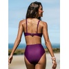 CUPSHE Women’s High Waisted Bikini Set Tummy Control Two Piece Swimsuit | V Neck, Removable Soft Cups, Adjustable Straps, Back Hook, Ruched, Modest Coverage, Beach Vacation, Resort, Cruise, Mom(Deep Plum)